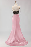 Strapless Mermaid Black Green Appliqued Lace Long Prom Dress with Slit