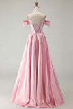 Off The Shoulder A Line Beaded Satin Purple Long Prom Dress with Slit