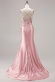Fuchsia Mermaid Cut Out Satin Pleated Bowed Long Prom Dress with Slit