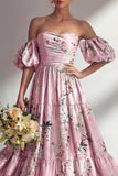 A-Line Pink Strapless Floral Long Bridesmaid Dress with Puff Sleeves