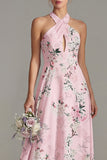 Pink A-Line Halter Neck Floral Long Bridesmaid Dress