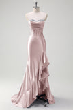 Pink Strapless Corset Mermaid Plus Size Long Prom Dress with Ruffle Slit