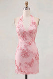 Light Blue Halter Neck Bodycon Floral Homecoming Dress