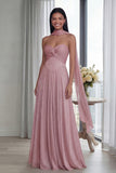 Sky Blue Strapless A Line Pleated Long Formal Dress with Ribbon