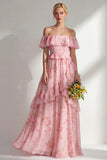 A-Line Yellow Pink Flower Off the Shoulder Chiffon Long Bridesmaid Dress with Ruffles