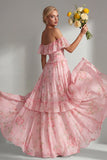 A-Line Yellow Pink Flower Off the Shoulder Chiffon Long Bridesmaid Dress with Ruffles