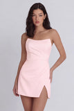 Strapless Bodycon Ruched White Mini Dress with Slit