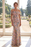 Blue Off the Shoulder Multi Floral Mermaid Tulle Embroidered Mother Of the Bride Dress