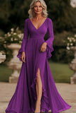 Dark Grey Mermaid Wrap Long Sleeves Ruffled Chiffon Long Mother of the Bride Dress