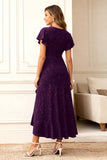 Glitter Black A Line Ruffle Holiday Party Dress with Sleeves