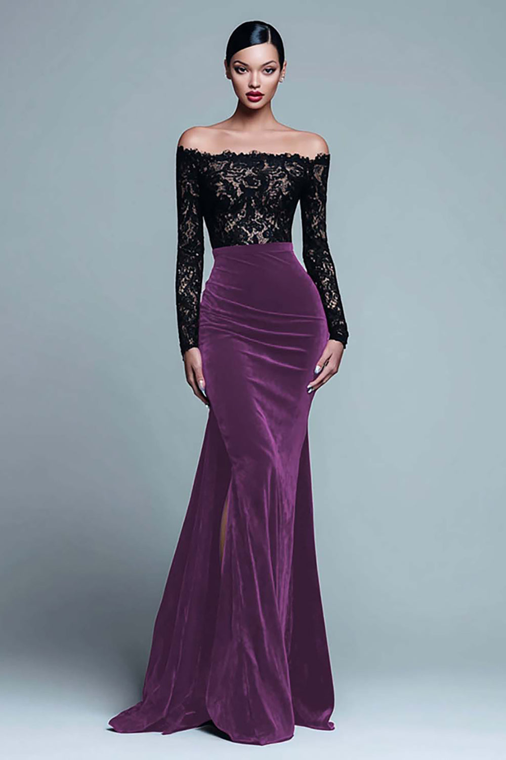 Zapaka Women Black and Burgundy Long Formal Dress with Lace Velvet Off the Shoulder Long Sleeves Holiday Party Dress with Slit, Plum / US26W Zapaka Women Black and Burgundy Long Formal Dress with Lace Velvet Off the Shoulder Long Sleeves Holiday Party Dress with Slit, Plum / US26W