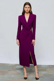 Red Peak Lapel Sheath Long Sleeve Work Dress with Slit