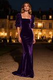 Navy Mermaid Square Neck Puff Sleeves Velvet Long Formal Dress