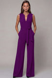 Navy V-Neck Sleeveless Formal Jumpsuit with Belt