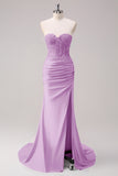 Fuchsia Beaded Mermaid Strapless Corset Long Prom Dress with Slit