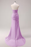 Mermaid Applique Strapless Corset Long Fuchsia Prom Dress with Slit