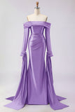 Dark Green Off The Shoulder Ruched Satin Mermaid Long Prom Dress with Long Sleeves