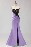 Strapless Mermaid Black Green Appliqued Lace Long Prom Dress with Slit
