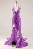 Sparkly Fuchsia Mermaid Halter Sequin Long Prom Dress with Slit