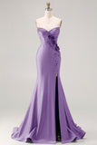 Royal Blue Strapless Mermaid 3D Flowers Beaded Long Prom Dress with Slit