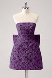 Fuchsia A Line Floral Strapless Brocade Short Homecoming Dress with Back Giant Bow