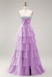 Pink Strapless A-Line Tiered Corset Sequin Long Prom Dress with Slit