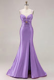 Fuchsia Mermaid Cut Out Satin Pleated Bowed Long Prom Dress with Slit