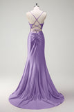 Sparkly Fuchsia Mermaid Spaghetti Straps Beaded Corset Satin Long Prom Dress with Slit