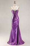 Metallic Golden Beaded Mermaid Corset Long Prom Dress With Slit