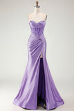 Sweetheart Burgundy Mermaid Beaded Corset Plus Size Long Prom Dress with Slit