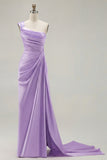 Green One Shoulder Ruched Sheath Long Prom Dress with Slit