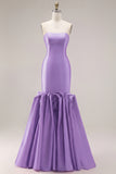 Fuchsia Strapless Satin Mermaid Long Prom Dress with 3D Flowers