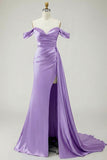 Golden Mermaid Off the Shoulder Beaded Pleated Satin Long Prom Dress with Slit