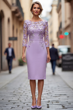 Bodycon Bateau Neck Appliqued Midi Mother of the Bride Dress with 3/4 Sleeves