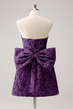 Fuchsia A Line Floral Strapless Brocade Short Homecoming Dress with Back Giant Bow