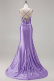 Fuchsia Mermaid Cut Out Satin Pleated Bowed Long Prom Dress with Slit