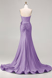 Royal Blue Strapless Mermaid 3D Flowers Beaded Long Prom Dress with Slit
