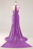 Sparkly Fuchsia Mermaid Halter Sequin Long Prom Dress with Slit