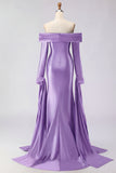 Dark Green Off The Shoulder Ruched Satin Mermaid Long Prom Dress with Long Sleeves