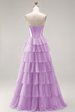 Pink Strapless A-Line Tiered Corset Sequin Long Prom Dress with Slit