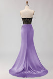Strapless Mermaid Black Green Appliqued Lace Long Prom Dress with Slit