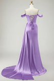 Golden Mermaid Off the Shoulder Beaded Pleated Satin Long Prom Dress with Slit