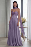 Sky Blue Strapless A Line Pleated Long Formal Dress with Ribbon