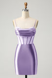 Glitter Fuchsia Spaghetti Straps Tight Corset Homecoming Dress with Beading