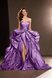 A Line Sweetheart Dark Red Ruffle Pageant Dress with Slit