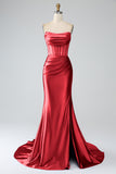 Red Mermaid Strapless Pleated Corset Long Prom Dress with Slit