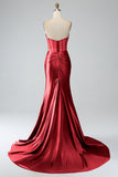 Red Mermaid Strapless Pleated Corset Long Prom Dress with Slit