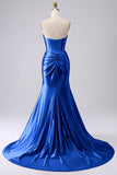 Sparkly Darrk Navy Mermaid Sweetheart Corset Long Prom Dress with Slit