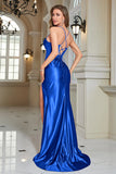 Stylish Mermaid Spaghetti Straps Royal Blue Corset Prom Dress with Split Front
