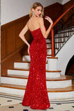 Red Strapless Sequins Long Mermaid Prom Dress With Slit